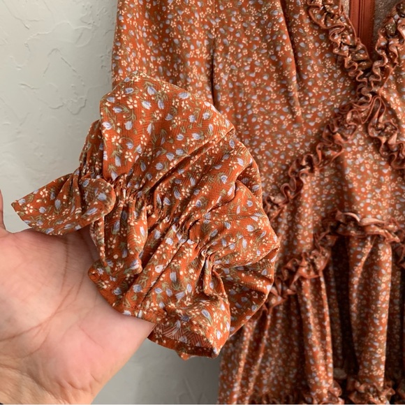 Lulu’s Admire You Orange Brown Floral Print Ruffled Long Sleeve Mini Dress M - Picture 5 of 10